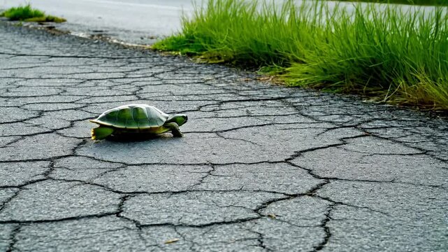 A small green turtle slowly crossing a grey asphalt road. The road is cracked and worn, with tufts of grass growing along the edges. The turtle looks tiny and fragile, moving cautiously.