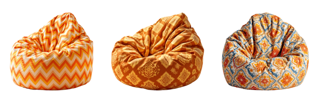 Set of various large, retro-style bean bag chair with vibrant orange and yellow zigzag print isolated on transparent background