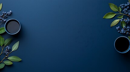 Dark Blue Mugs and Green Branches Flatlay