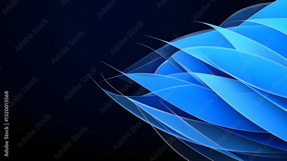Poster dynamic blue abstract design on a dark background featuring smooth flowing geometric shapes and grad