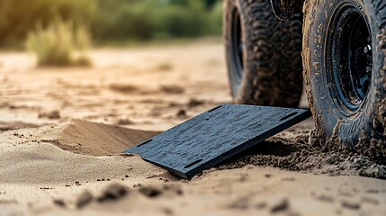Off-road vehicle stuck in sandy terrain with recovery board placed beside the tire, sunset glow