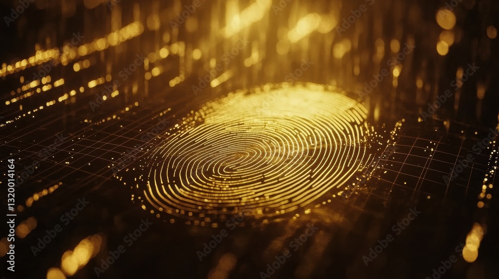 Poster central digital fingerprint graphic with cyber lines on dark background for advertising space