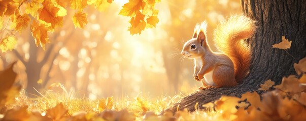 Fototapeta premium A small curious squirrel sits beside a tree in autumn sunlight