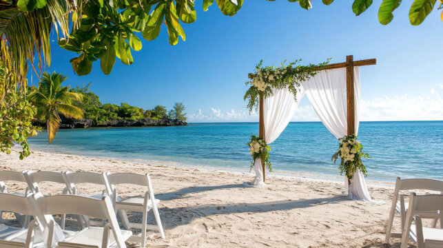 beautiful wedding ceremony setup on sandy beach with white drapes, surrounded by tropical scenery and calm waters - Powered by Adobe