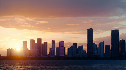 Fototapeta premium City Skyline Silhouette at Sunset with Orange Sky and Calm Water Reflection