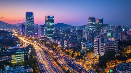 Naklejka premium Seoul Cityscape at Twilight: A Vibrant Panorama of Skyscrapers and City Lights