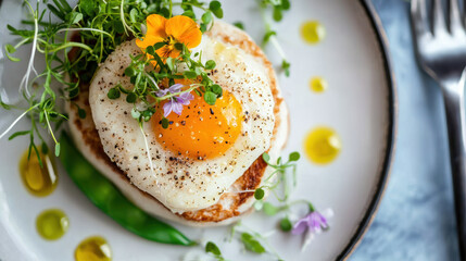 gourmet fried egg topped with microgreens and edible flowers on plate