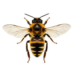 A detailed close-up of a bee with spread wings on a transparent background.