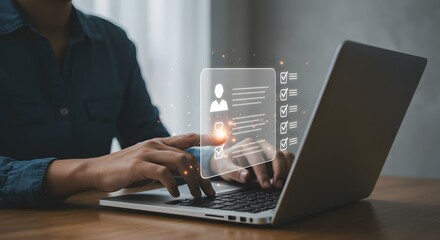 Online assessment and survey concept. A person interacts with virtual checklist on laptop, symbolizing online assessments, surveys, exams, or quizzes.
