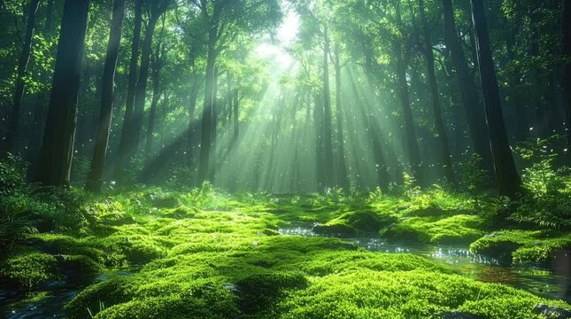 A serene forest scene with sunlight filtering through trees, illuminating lush green moss. Seamless looping 4k video background 