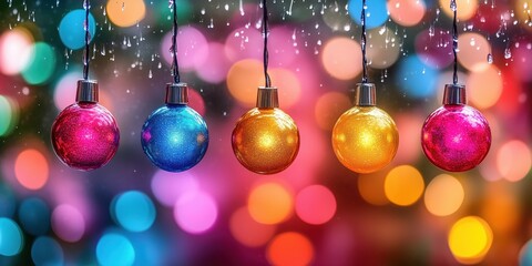 Obraz premium A colorful collection of Christmas ornaments hanging from a tree. The ornaments are of different sizes and colors, creating a festive and joyful atmosphere