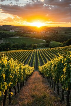 Vineyard rows landscape at sunset. Green plants during golden hour. Rural nature scenery. Rows of vines at bright sunrise. Tranquil sunlight over field.