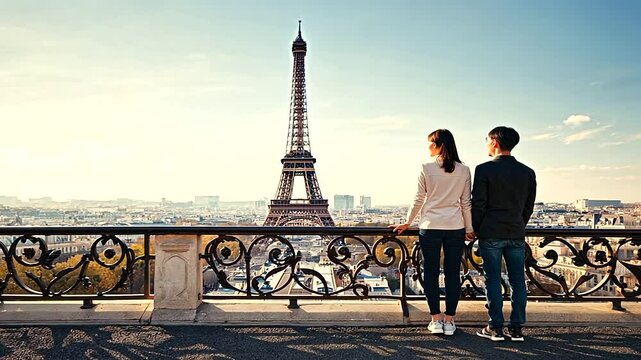Frames A couple watches the paris view from their hotel balcony realis s-muted-pastel, a-2, 31427328