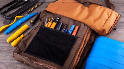 Organized tool bag with various tools, showcasing a neat workspace for DIY projects