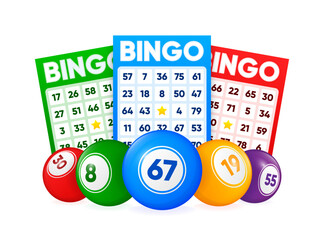 Lottery tickets and number balls. Lotto bingo cards with numbers, keno gambling. Colorful betting sheets with lucky numbers. Gaming industry and casino advertising. Vector Illustration.