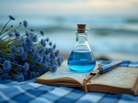Blue oil flask with notebook and pen on seashore