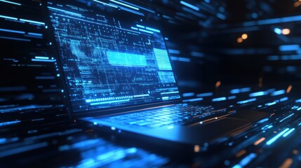 Cyber security and insurance concept with futuristic laptop glowing in blue light and digital screen effects showcasing protection measures