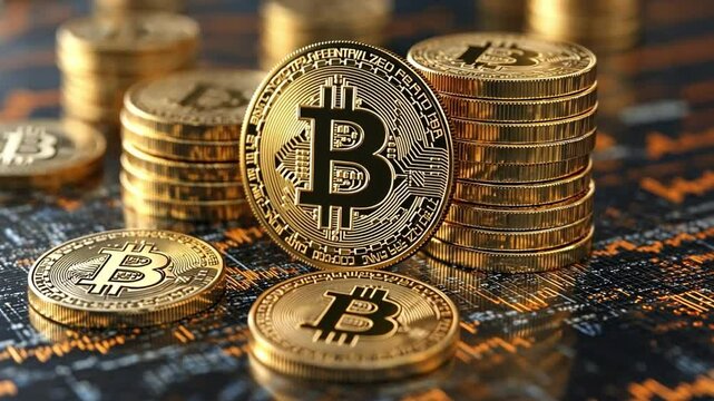 Bitcoin Bull Market: A close-up view of stacks of gleaming golden bitcoin coins, symbolizing the dynamic rise of digital currency and investment.