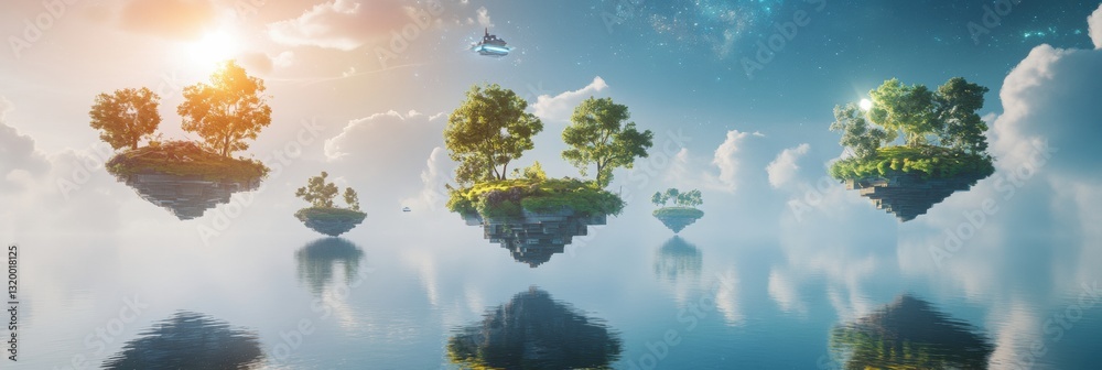 Poster Floating islands connected by portals offer gateways to diverse virtual worlds and new adventures in the metaverse