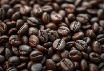 Fototapeta premium Close-up of dark roasted coffee beans, rich texture, coffee, coffee shop