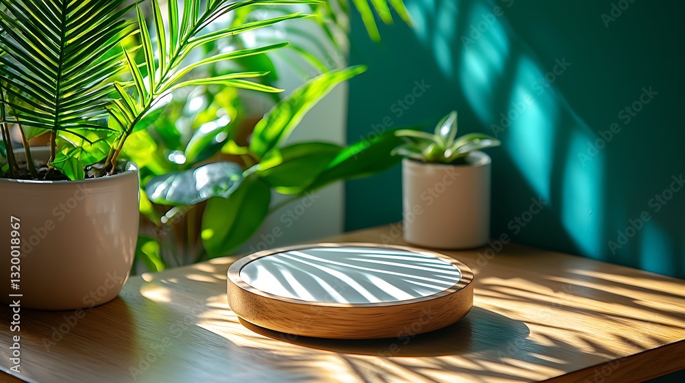 Poster sunlight shadows on wooden display with greenery