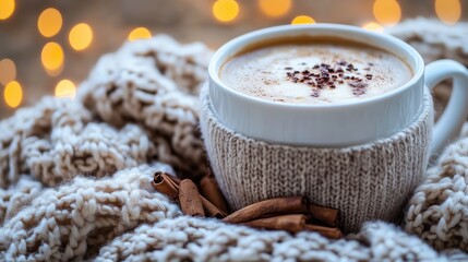 A white mug with a white blanket and cinnamon on top. The mug is filled with coffee and the blanket is draped over it. The image conveys a cozy and warm atmosphere, perfect for a cold day