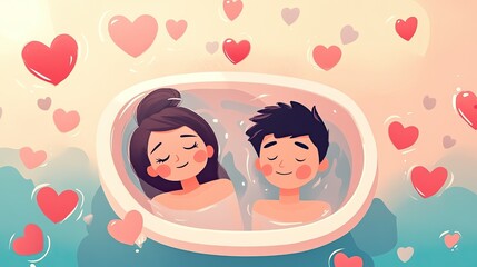 Couple Relaxing in a Beautiful Bathtub Surrounded by Colorful Flower Petals Deeply Enjoying Their Romantic Escape with Bubbly Water and Serene Atmosphere for a Cozy Evening Together