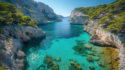 Naklejka premium Rocky cliffs meet clear sea. Azure water shines. Green trees grow along the top. A bright day for a coastal nature scene.