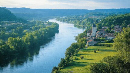 Village view. Wide river flows through green landscape. Small town has old buildings and tall tower on river bank.
