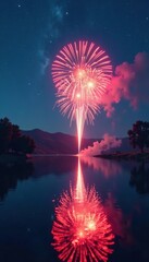 Brilliant fireworks illuminate a still lake; stars twinkle above , peaceful, nature