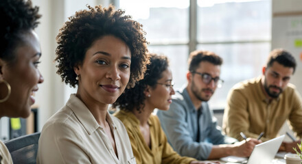 Six coworkers are seated at a conference table in a contemporary office, actively discussing and collaborating on a project while sharing ideas and insights