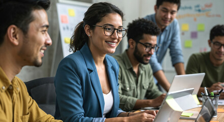 A group of coworkers actively discusses ideas and shares insights while collaborating on a laptop in a comfortable office setting. Bright colors and sticky notes enhance the environment