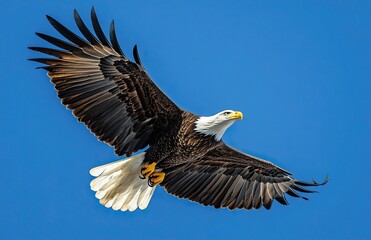 Fototapeta premium A majestic bald eagle flying gracefully across a clear blue sky showcasing its powerful wings and sharp beak ideal for use in nature conservation projects and wildlife documentaries