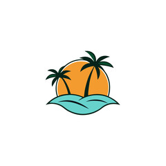 Palm Tree, Sun & Island Vector Illustration - Cartoons, Clipart, Line Art Design, Tropical palm tree, sun & island vector design for summer-themed digital products