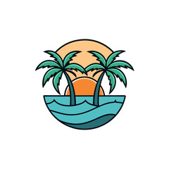 Palm Tree, Sun & Island Vector Illustration - Cartoons, Clipart, Line Art Design, Tropical palm tree, sun & island vector design for summer-themed digital products