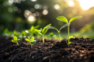 Fototapeta premium Young Green Sprouts Growing in Soil - Fresh Seedlings in Morning Sunlight
