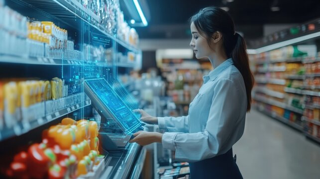 Smart cashier utilizing AI technology to streamline checkout process in a contemporary supermarket environment