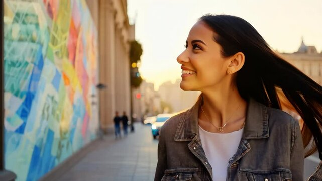 A cheerful young woman walking alongside a vibrant street mural, enjoying the urban atmosphere and appreciating artistic cityscapes. . High quality 4k footage