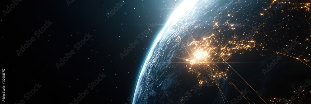Poster Night view of planet Earth from space showcasing illuminated lines of global communication and connections for business and finance