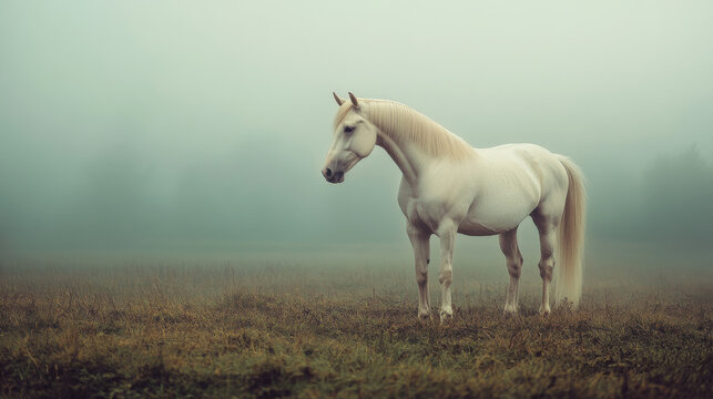 A lone white horse standing gracefully in a misty field, its mane flowing gently with the wind. The soft morning light catches the fine details of its coat, highlighting its powerful yet elegant for