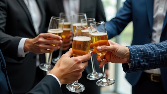Group of businessmen celebrating the closing of a successful deal, guests toasting with alcoholic drinks, cheering, colleagues gathered in the office at a corporate party event.