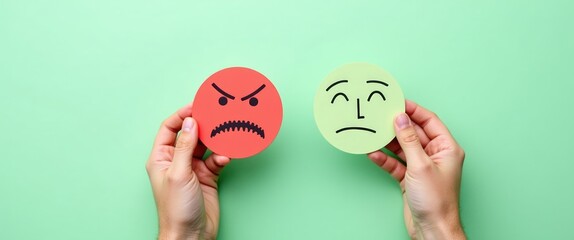 Hands presenting happy and angry face papers, feedback rating, customer review, emotional intelligence, emotional regulation, mental health evaluation, bipolar disorder theme.