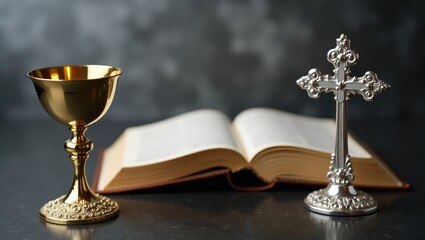 Holy communion. Catholic theme. Gray stone backdrop.