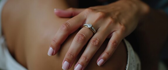 Hands of a couple. She is wearing an engagement ring.