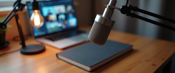 Home podcast studio interior. Close-up of a table with a microphone, laptop, and lamp.