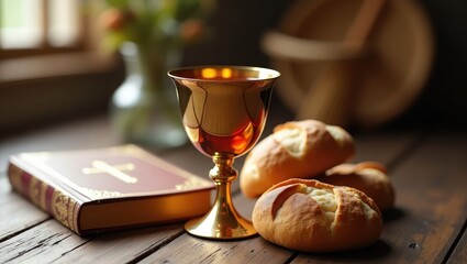 Holy communion, Good Friday service in church. Receiving Communion. Glass cup with red wine, bread, and Holy Bible alongside a Cross. Concept of the Feast of Corpus Christi. Holy communion worship ...