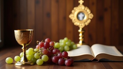 Holy communion. Catholic theme. Wooden backdrop. Space for text.
