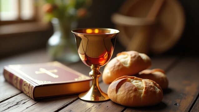 Holy communion, Good Friday service in church. Receiving Communion. Glass cup with red wine, bread, and Holy Bible alongside a Cross. Concept of the Feast of Corpus Christi. Holy communion worship ...