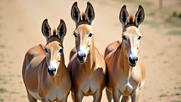 Herd of Onagers. Animals raised in captivity, and are very rare due to being nearly extinct in the wild. Dusty path, grass, foal, mare, and males.