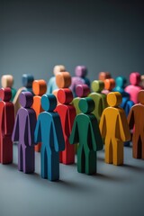Groups of colorful wooden figures on a gray backdrop. The concept of segmentation. Target audience, customer service. Market segment of buyers. Customer relationship management. Selective focus.